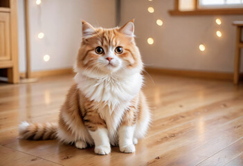 Cat sit on wood floor in living room