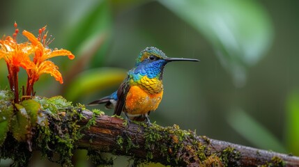 Fototapeta premium A vibrant hummingbird perched on a branch with orange flowers against a soft background
