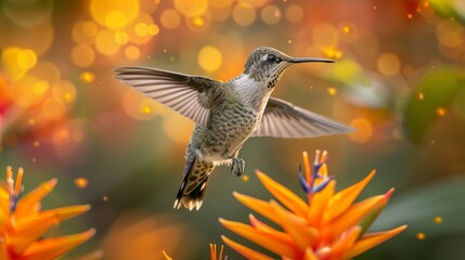 Fototapeta premium Hummingbird in mid-flight with detailed wings and colorful flowers providing a vibrant backdrop
