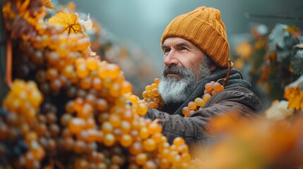 A contemplative older man in a knitted hat inspecting grapes in a vineyard on a foggy day