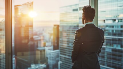 A suited entrepreneur gazes out of a high-rise window, envisioning future success and challenges below.