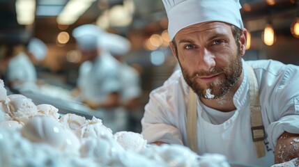 A male chef with a playful look and flour on his face peers over a mound of pastries, with colleagues in the background