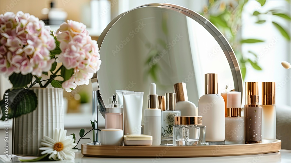 Poster a vanity table with a mirror and various cosmetic products arranged neatly on a wooden tray. generat