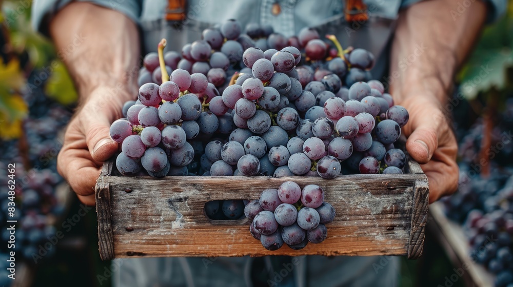 Wall mural A close-up shot of a person's hands holding a wooden crate full of purple grapes in a vineyard