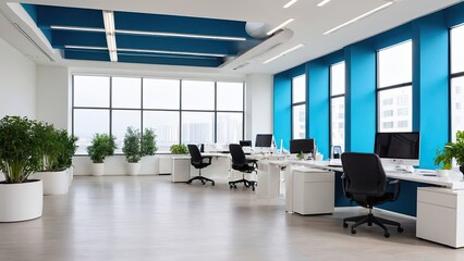 Fototapeta premium Modern white and blue open space office interior