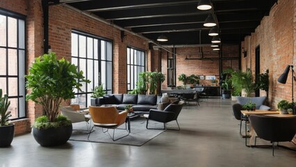 modern loft office interior with furniture