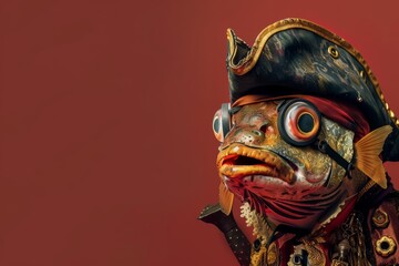 Naklejka premium A piranha in a pirates costume, complete with an eye patch and hat, against a solid maroon background with copy space