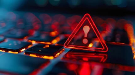 A red alert triangle with an exclamation mark over a laptop keyboard, symbolizing a cybersecurity threat Closeup