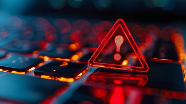 A red alert triangle with an exclamation mark over a laptop keyboard, symbolizing a cybersecurity threat Closeup