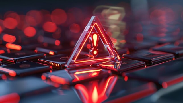A red alert triangle with an exclamation mark over a laptop keyboard, symbolizing a cybersecurity threat Closeup