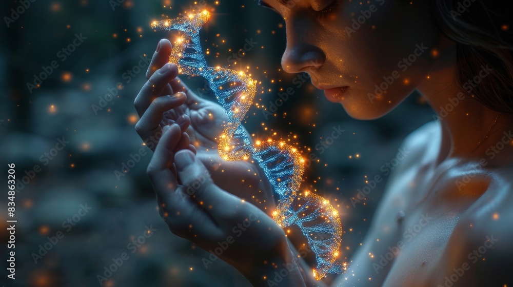 Poster enchanting image depicting hands shaping a magical dna helix, illuminated by a luminescent sparkle i