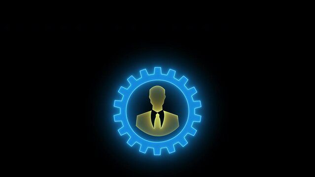 Concept for teamwork, target, motivation, mission, achievement, growth and success business. Animation of neon line businessman inside cogwheel icon and up arrow sign.