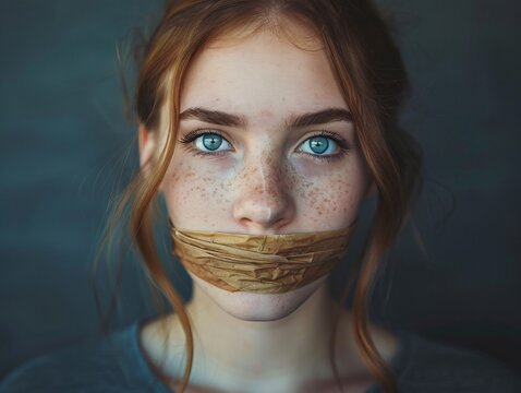 Woman gagged with tape over mouth and nose