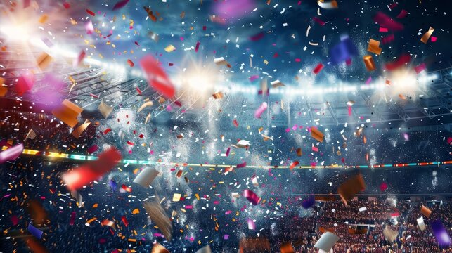 A stadium filled with confetti falling from the sky, celebrating a major sports victory under bright stadium lights