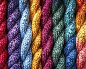 Capturing the intricate details of a knitted rainbow on display, with colorful yarns intertwined, highlighting texture and warmth in craft and hobby photography.
