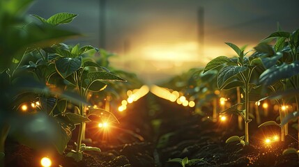 LED-lit modern farm, wide shot of glowing crops, showcasing innovation in agriculture and cutting-edge farming technology for the future