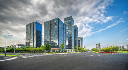 Corporate Towers with Reflective Glass and Skyline View