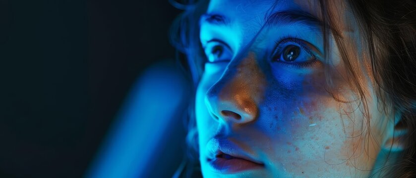 A woman focused on coding with blue light illuminating her face, symbolizing the intensity and dedication of programming Closeup