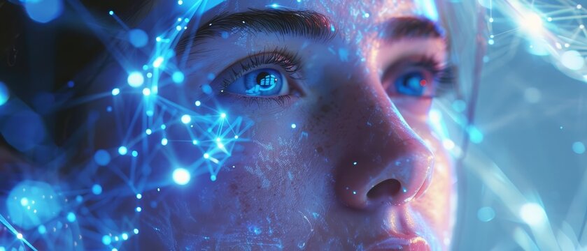 A woman focused on coding with blue light illuminating her face, symbolizing the intensity and dedication of programming Closeup