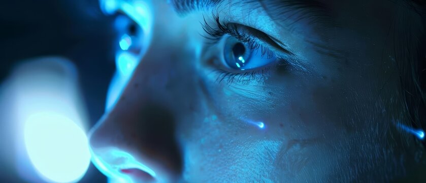 A woman focused on coding with blue light illuminating her face, symbolizing the intensity and dedication of programming Closeup