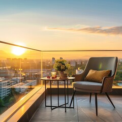 Fototapeta premium A cozy balcony with a chair, a cityscape at sunset, symbolizing relaxation and urban serenity, relax after work with a cap of coffee