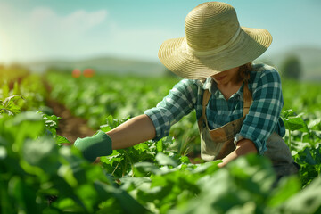 広大な畑で農作業をする女性
Woman working in a vast field