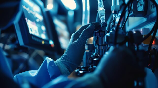 An anesthesiologist is adjusting an anesthesia machine