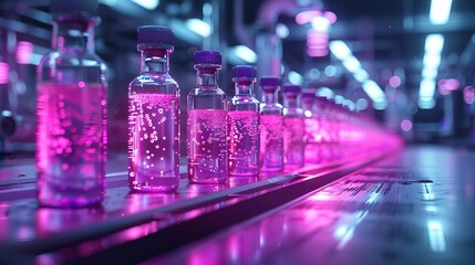 Row of glowing purple liquid in bottles, with a futuristic laboratory background with neon lighting