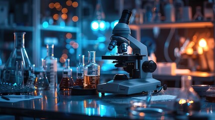 Small remote scientific lab dimly lit with microscope in focus sitting on a table surrounded by glass flasks and beakers glowing