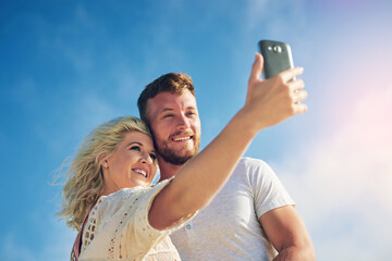 Relax, smile and couple with selfie by blue sky for adventure, online post and memory of vacation....