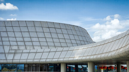 Modern Architectural Walkway with a View of an Urban Parking Area