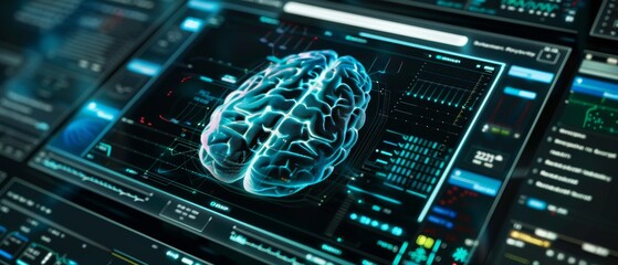 Brain scan results displayed on digital interface, medical technology. Digital brain image with colorful data overlays on modern interface.