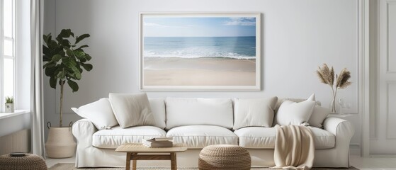 Frame mockup featuring a serene beach scene, transforming the room into a coastal retreat