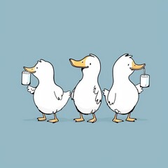 Adorable cartoon ducklings following each other, holding milk bottles. Minimalist cartoon illustration of cute ducklings in a row. 