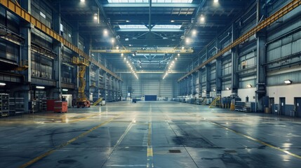 A large empty warehouse with a yellow crane in the middle