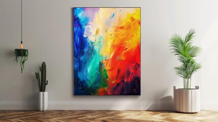 Frame mockup featuring a vibrant abstract painting, adding an explosion of color to the neutraltoned interior