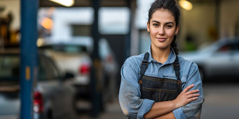 Portrait of a young female mechanic in uniform, posing with her arms crossed. In the background there is an auto repair shop and a car on a lift. Close up