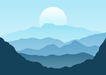 Minimal mountain landscape in shades of blue 