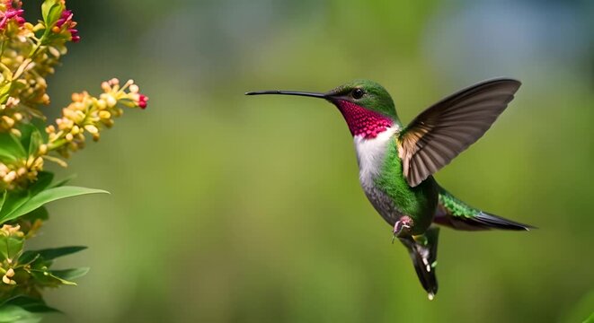 Hummingbird flying in the forest.