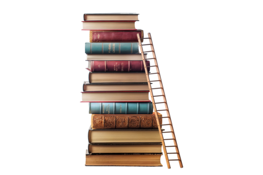 Stack of books with a ladder on a transparent background
