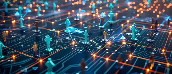 Multiple figurines connected by digital lines on a circuit board, symbolizing a network of interconnected people Closeup