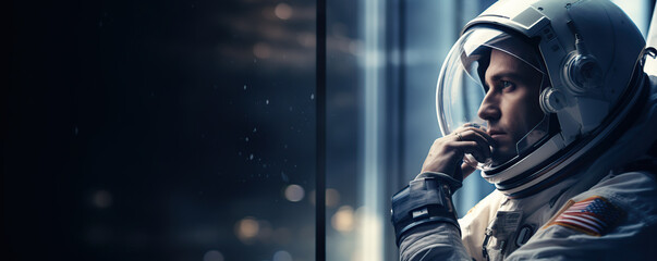 Fototapeta premium Astronaut Looking Out Window at Sunset