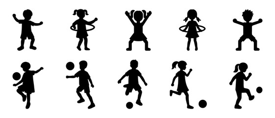Little boys and girls. Children activity silhouette black filled vector Illustration icon