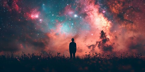 Obraz premium Transforming Negative Emotions into Cosmic Creations: A Lone Figure in a Field. Concept Emotional Expression, Artistic Metaphor, Symbolic Imagery, Psychological Healing, Inner Strength
