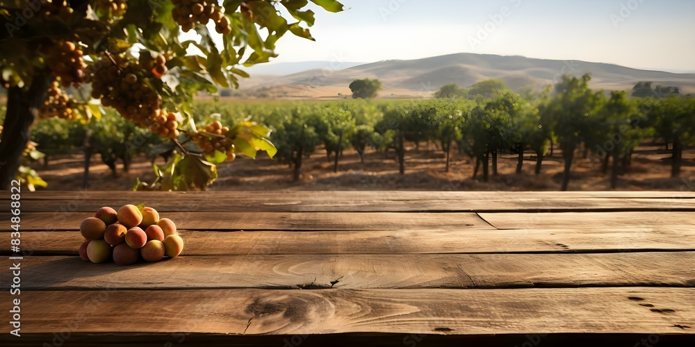Poster rustic farm setting with blurry background and wooden table in focus. concept rustic theme, blurry b