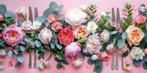Pastel floral table setting with pink background for elegant invitations and celebrations. Concept Pastel Floral Table Decor, Pink Backdrop, Elegant Invitations, Celebration Inspiration