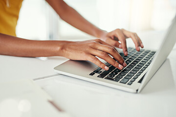 Woman, hands and typing on laptop in office for email or communication, task management and...