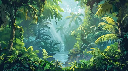 Whimsical Amazon rainforest illustration with fantastical creatures.