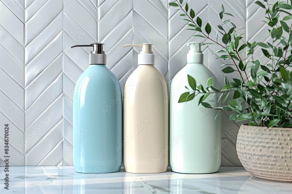 Poster three sleek shampoo and conditioner bottles with pumps sit on a white tiled countertop in a bathroom