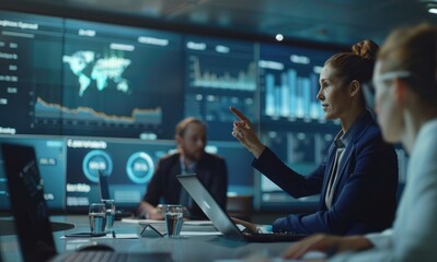 Female executive presenting financial data on big screen to group of colleagues in conference room with modern tech equipment and digital display, corporate meeting scene. High resolution photography.